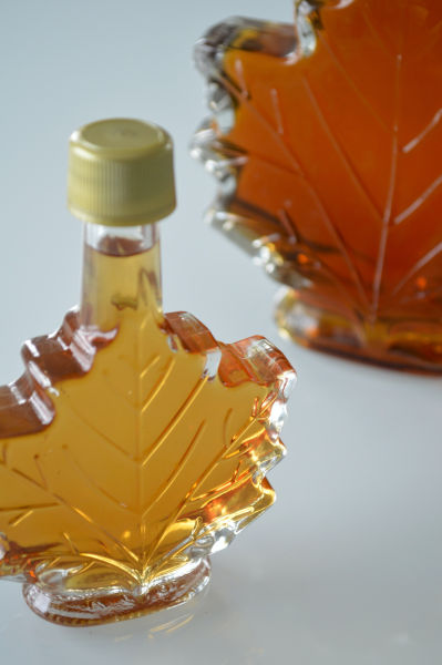 Maple Syrup in leaf-shaped bottles.